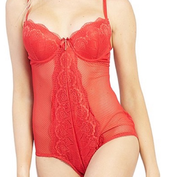Red Floral Lace Shadow Stripe Teddy Womens Large - Picture 3 of 5